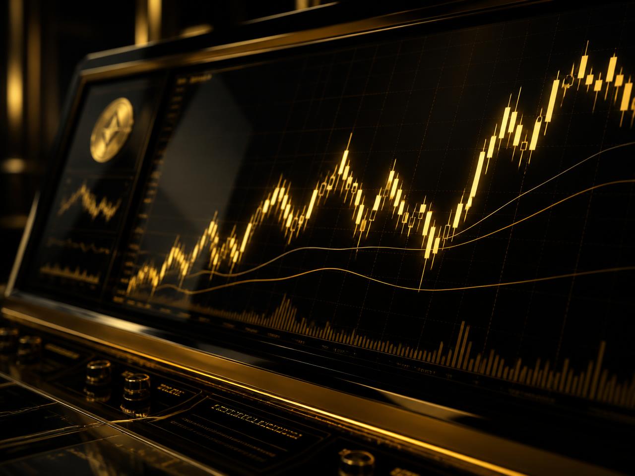Gold-lit crypto trading terminal showing candlestick charts